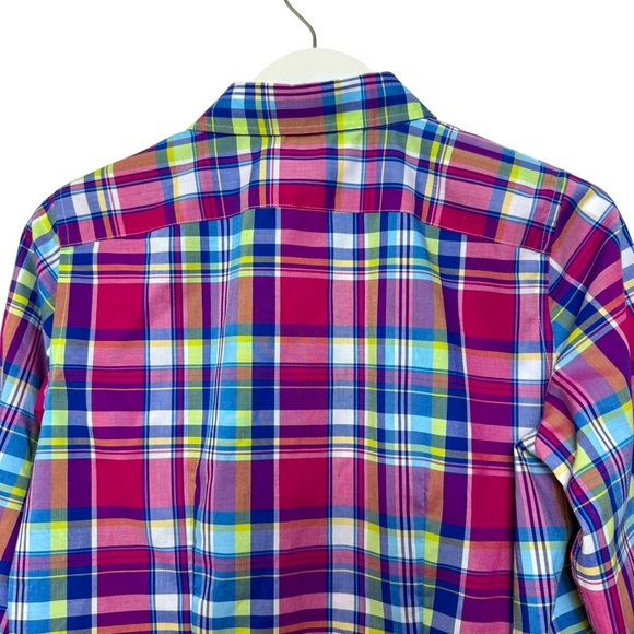 Chaps Womens Plaid Button Down Shirt Multi Color Red Blue 3/4 Sleeve Sz Petite M - Picture 5 of 12